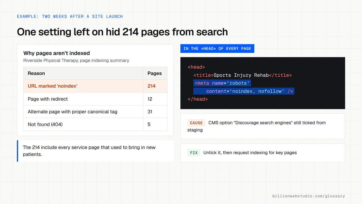 A page indexing summary for a physical therapy clinic where URL marked noindex holds 214 pages, beside the page code showing the robots meta tag left on by the CMS search visibility setting.