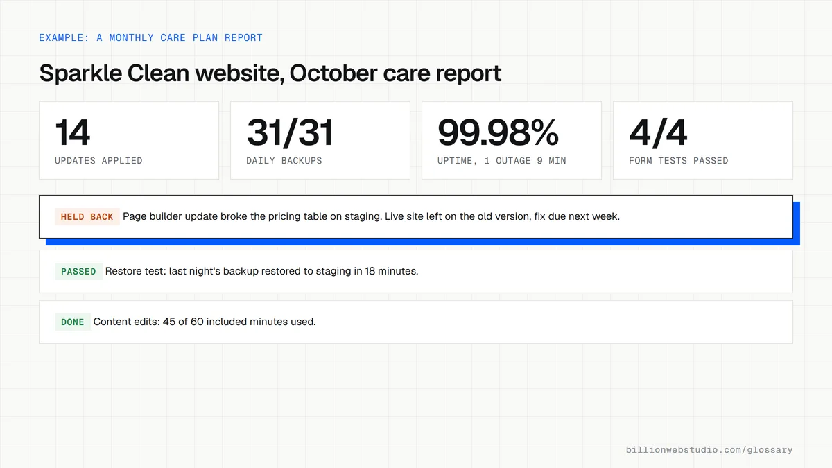 A monthly care plan report for a cleaning company's site showing 14 updates, 31 of 31 backups, 99.98% uptime, passed form tests and one plugin update held back after it failed on staging.