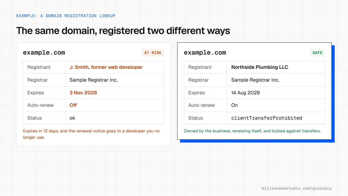 Two registration records for example.com side by side: one held by a former web developer, expiring in 12 days with auto-renew off, and one held by Northside Plumbing LLC with a transfer lock.