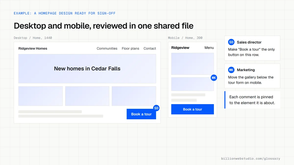 A website design file showing a home builder's homepage as a desktop frame and a mobile frame side by side, with two review comments pinned to the tour button and the photo gallery.