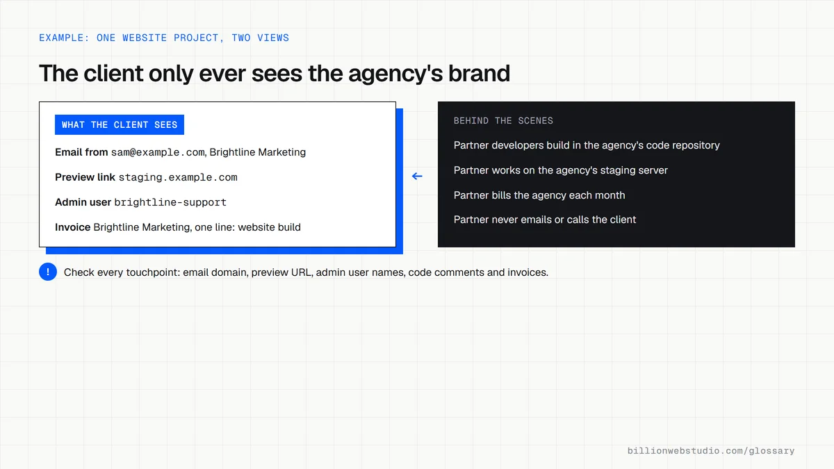 One website project shown two ways: the client sees only the agency's email, preview link, admin user and invoice, while a partner team builds the site inside the agency's accounts.